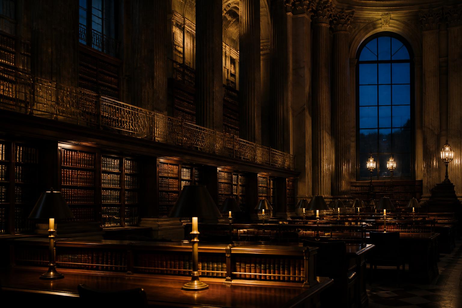 Grand neoclassical library hall at dusk